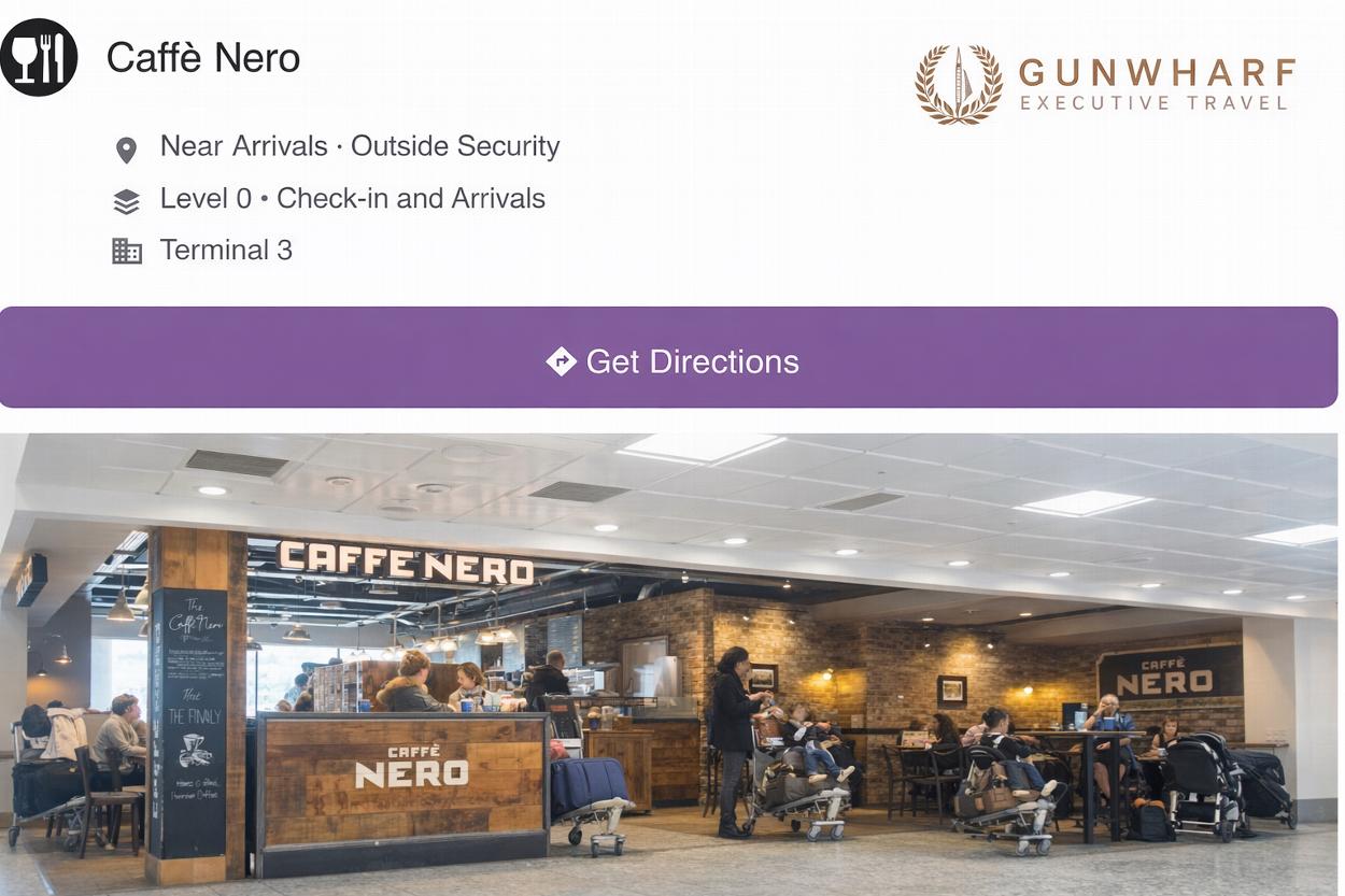 Heathrow Terminal 3 arrivals meeting point at Caffè Nero in the Arrivals Hall. Heathrow chauffeur meet and greet collection point for airport transfers and Southampton cruise transfers.