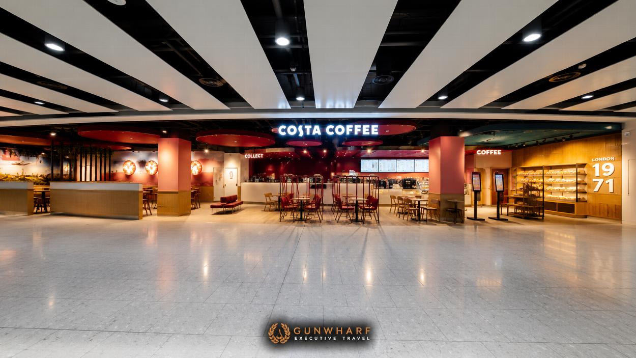 Heathrow Terminal 4 arrivals meeting point near Costa Coffee in the Arrivals Hall. Heathrow chauffeur meet and greet collection point for airport transfers and Southampton cruise transfers.
